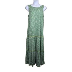 J.Jill Womens Sleeveless Green Ditsy Floral Print Tiered Maxi Dress Size L NWT
